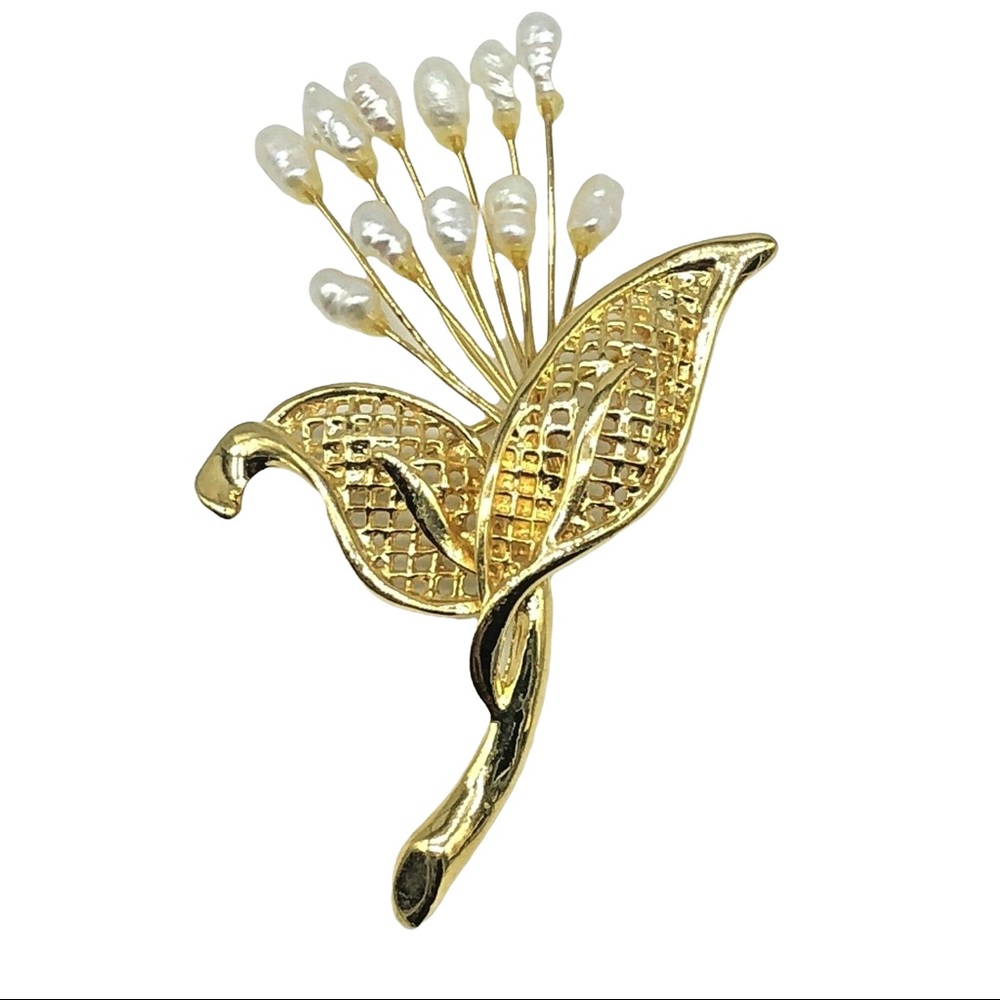 Sterling Silver Gold Vermeil Brooch Pin Fresh Water Pearls NA95